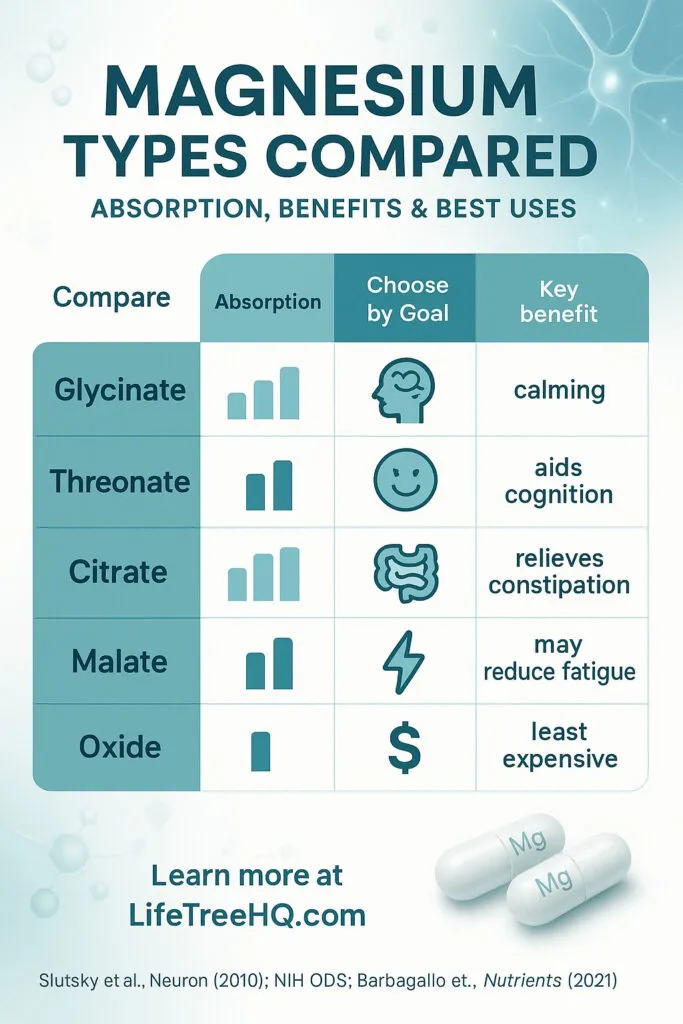 Infographic comparing magnesium supplement types — Magnesium Glycinate, Threonate, Citrate, Malate, and Oxide — showing absorption levels, key benefits, and best uses for sleep, brain health, energy, and digestion. Designed in a clean teal and navy medical-wellness style with icons and molecule graphics, it helps readers choose the most bioavailable form of magnesium for their needs.