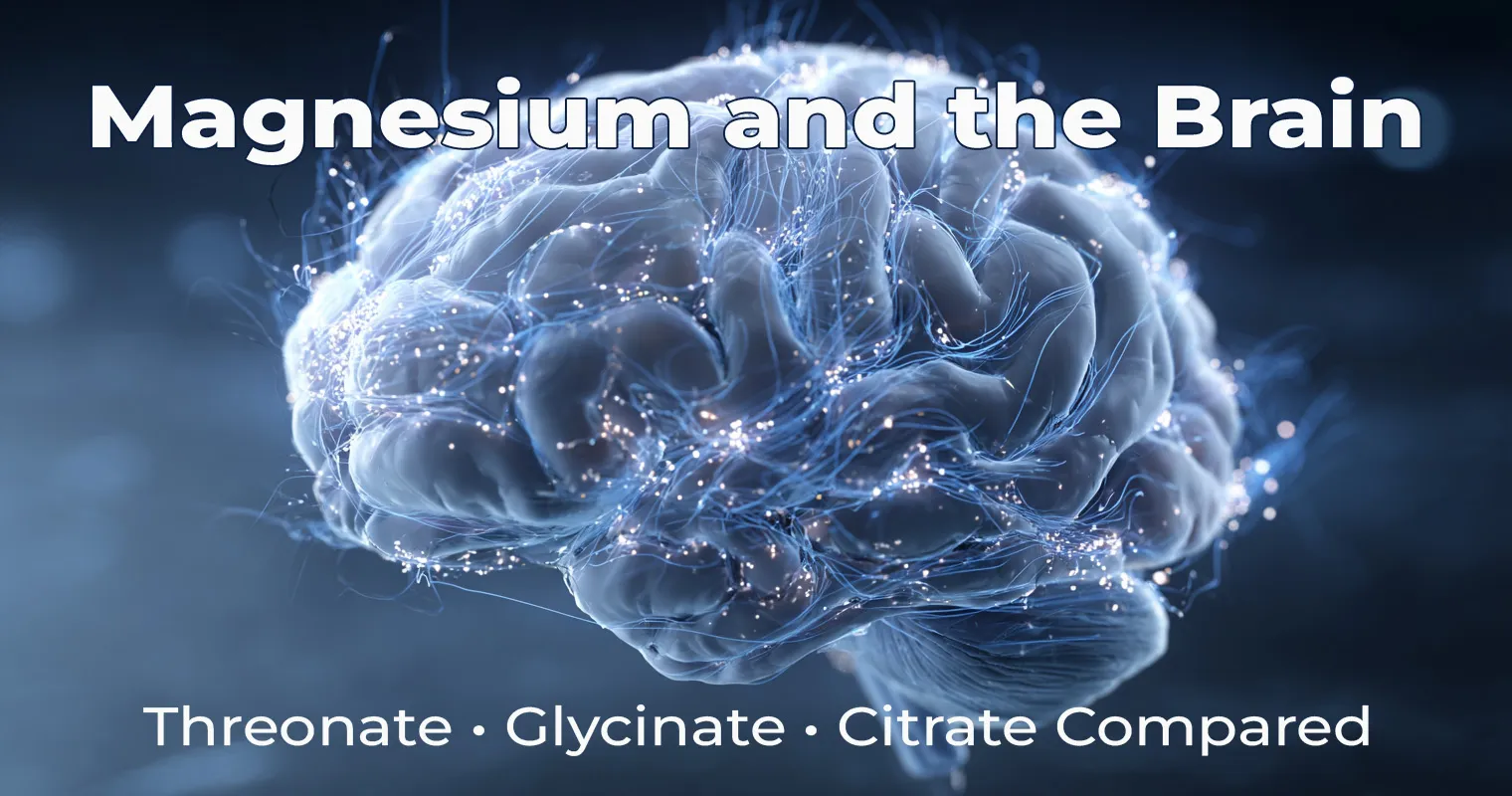 3D molecular illustration comparing magnesium threonate, glycinate, and citrate, showing neural and digestive pathways to highlight absorption and brain bioavailability.