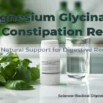 Magnesium glycinate for constipation supplement with glass of water and leafy greens, representing gentle digestive relief and healthy bowel regularity.