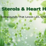 Scientific illustration of plant sterol supplements interacting with cholesterol molecules to lower LDL levels, featuring molecular visuals and green plant elements that represent the heart health benefits of using plant sterol supplements.