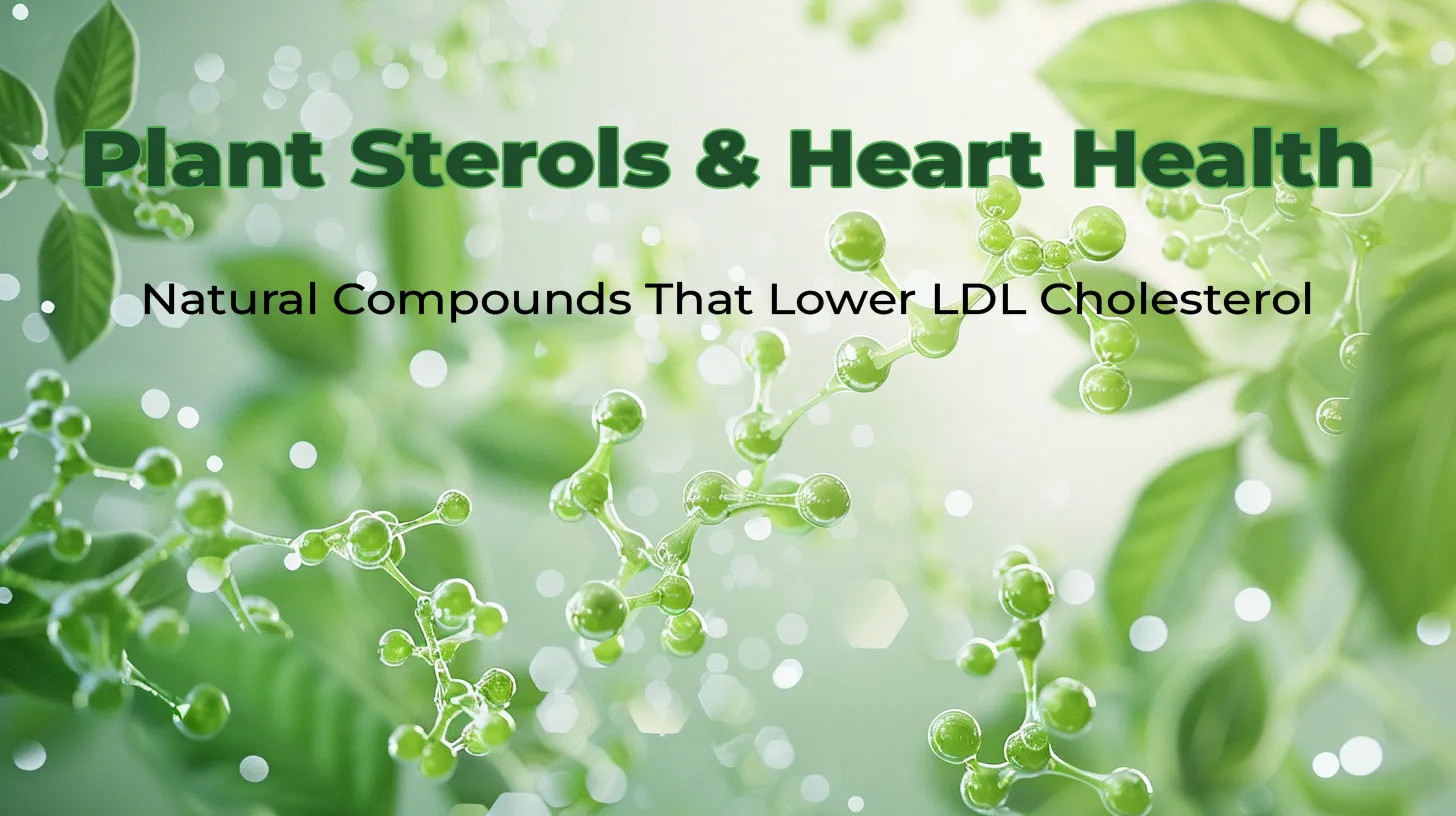 Scientific illustration of plant sterol supplements interacting with cholesterol molecules to lower LDL levels, featuring molecular visuals and green plant elements that represent the heart health benefits of using plant sterol supplements.