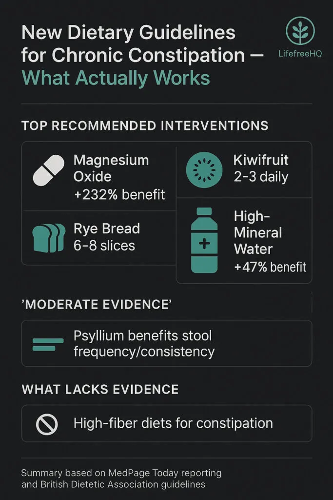Infographic summarizing new constipation guidelines, highlighting evidence-based options such as kiwifruit, rye bread, magnesium supplements, and mineral-rich water for improving chronic constipation symptoms.