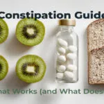 Flat lay image illustrating constipation guidelines, featuring sliced kiwifruit, rye bread, magnesium capsules, and mineral-rich water on a light background.