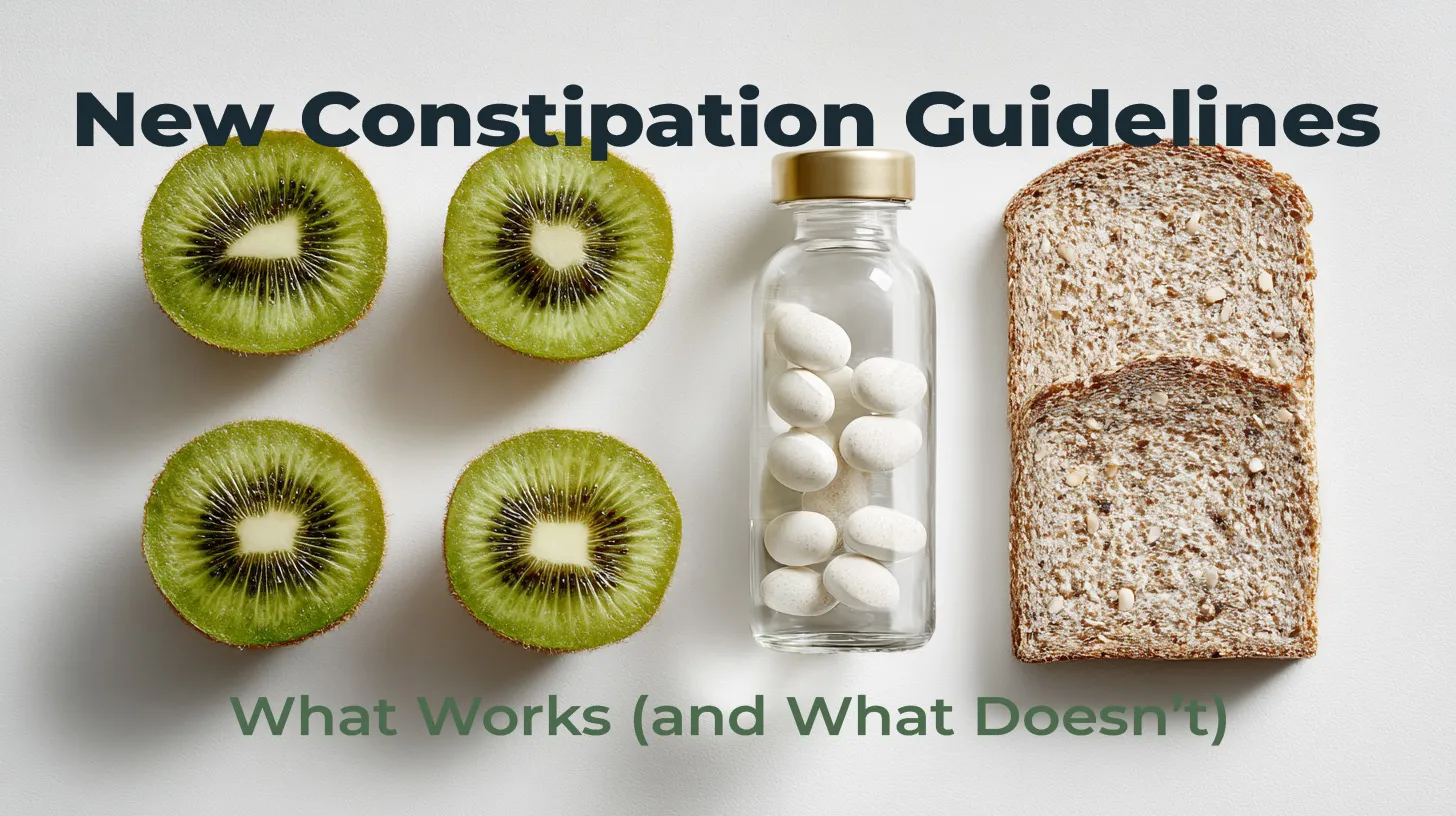 Flat lay image illustrating constipation guidelines, featuring sliced kiwifruit, rye bread, magnesium capsules, and mineral-rich water on a light background.