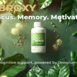 Sabroxy supplement bottle surrounded by natural leaves and subtle neural light effects, representing cognitive clarity and focus in a clean green-gold wellness theme.