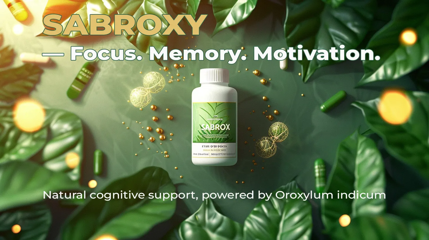Sabroxy supplement bottle surrounded by natural leaves and subtle neural light effects, representing cognitive clarity and focus in a clean green-gold wellness theme.