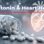 Scientific illustration of a human heart with molecular structures representing melatonin, used to discuss preliminary research on whether long-term melatonin use may be associated with higher heart failure risk, without implying proven causation