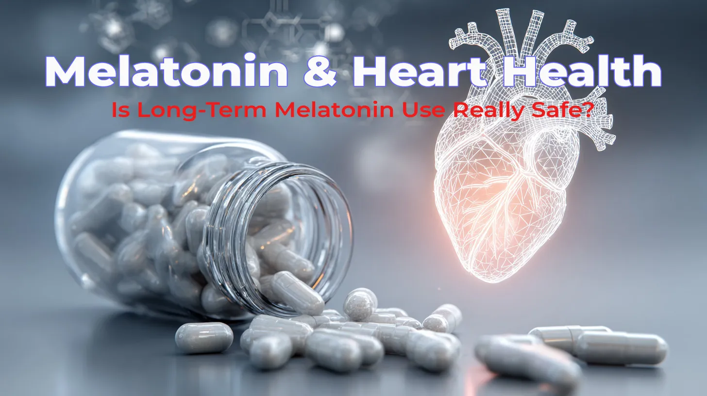 Scientific illustration of a human heart with molecular structures representing melatonin, used to discuss preliminary research on whether long-term melatonin use may be associated with higher heart failure risk, without implying proven causation